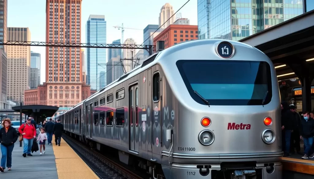 Image of a Metra train arriving at a station in downtown Chicago