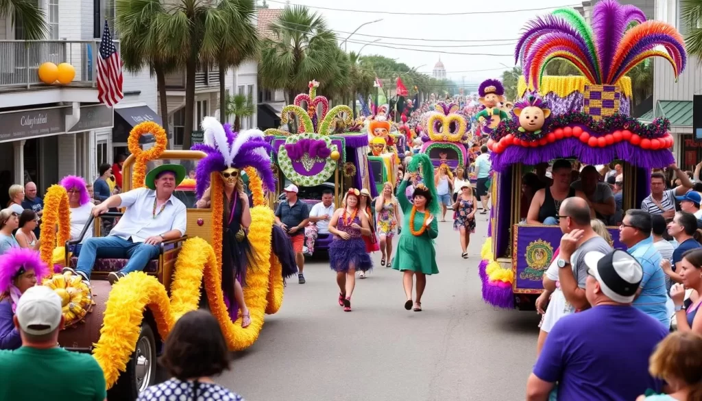 Image of a Mississippi Gulf Coast Mardi Gras parade with colorful floats and people enjoying the celebration.