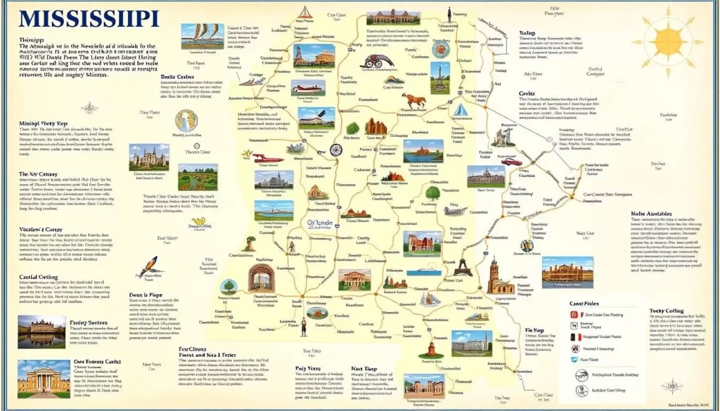 Image of a Mississippi map with highlighted tourist attractions