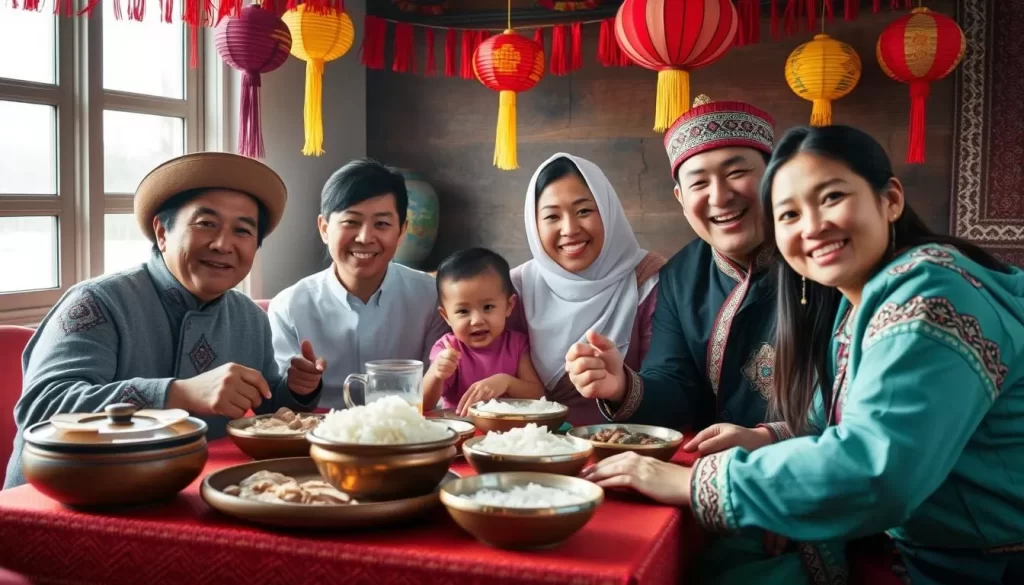 Image of a Mongolian family celebrating Tsagaan Sar with traditional foods and decorations