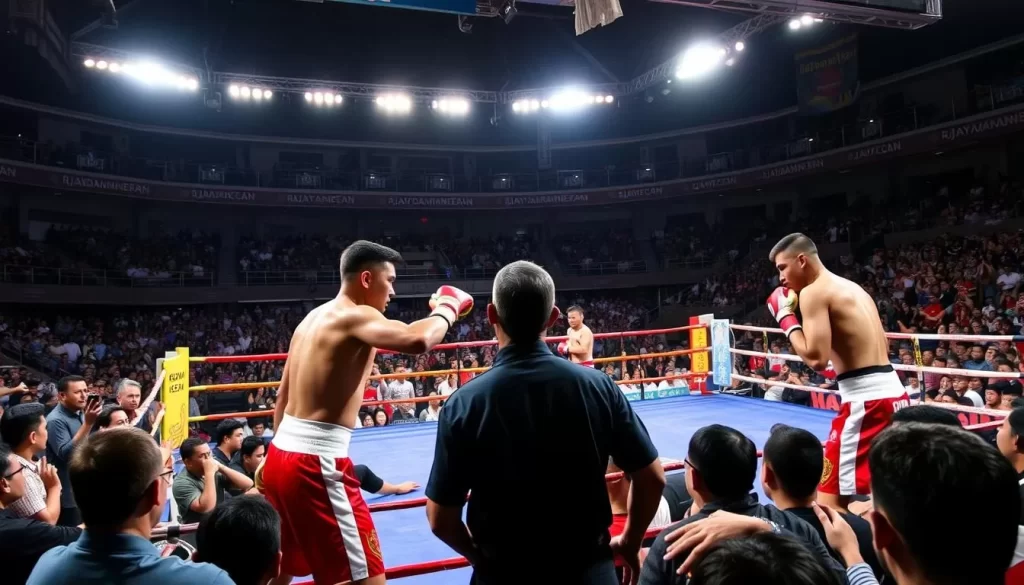 Image of a Muay Thai boxing match at Rajadamnern Stadium