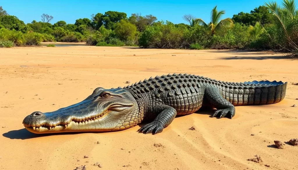 Image of a Nile crocodile basking in the sun on the shores of Crocodile Lake
