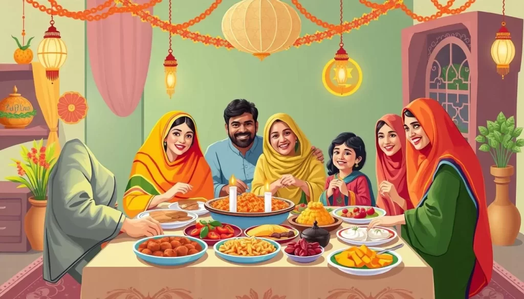 Image of a Pakistani family gathering for Eid-ul-Fitr, with traditional foods and decorations