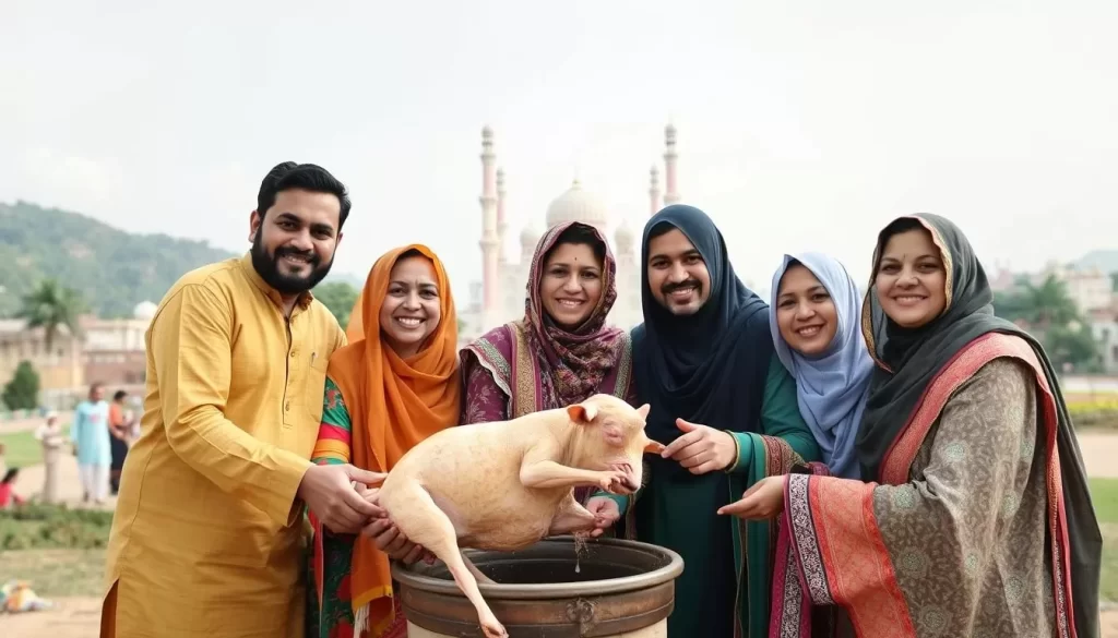 Image of a Pakistani family performing the sacrifice during Eid-ul-Adha, with a backdrop of mosques and traditional attire