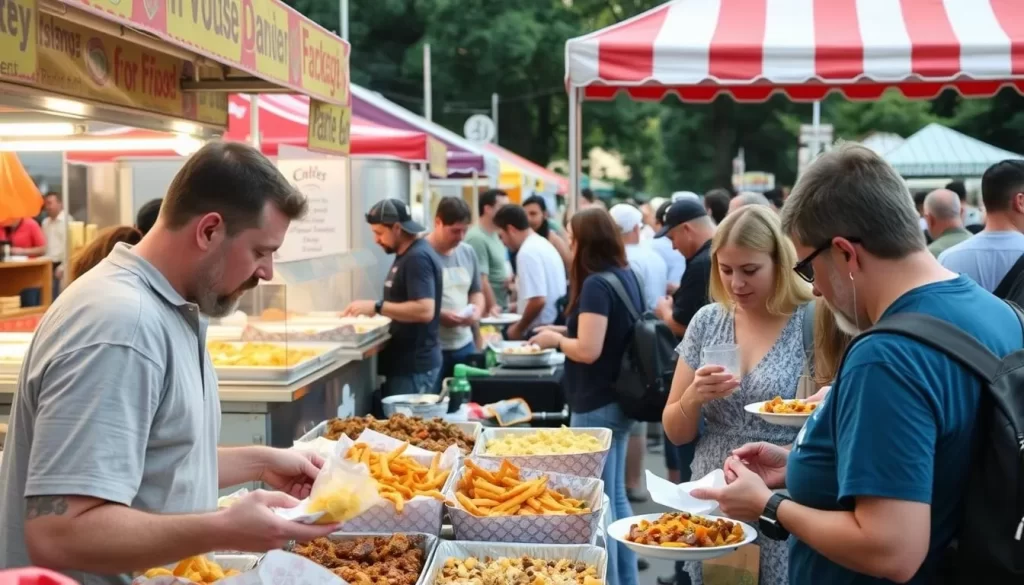 Image of a Rhode Island food festival with diverse vendors and attendees enjoying various dishes.