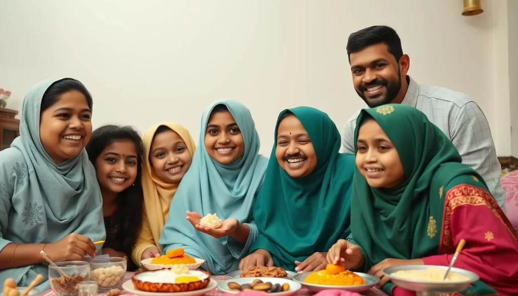 Image of a Sri Lankan Muslim family celebrating Eid al-Fitr with traditional sweets and new clothes.
