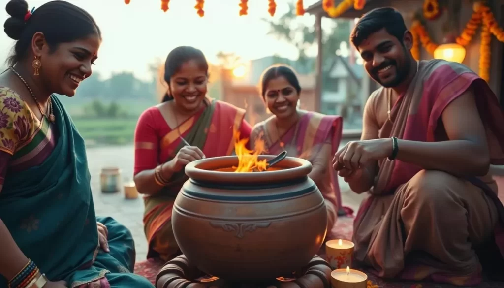 Image of a Tamil family preparing Pongal in a new clay pot at sunrise