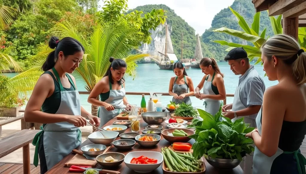 Image of a Thai cooking class in progress on Koh Phi Phi