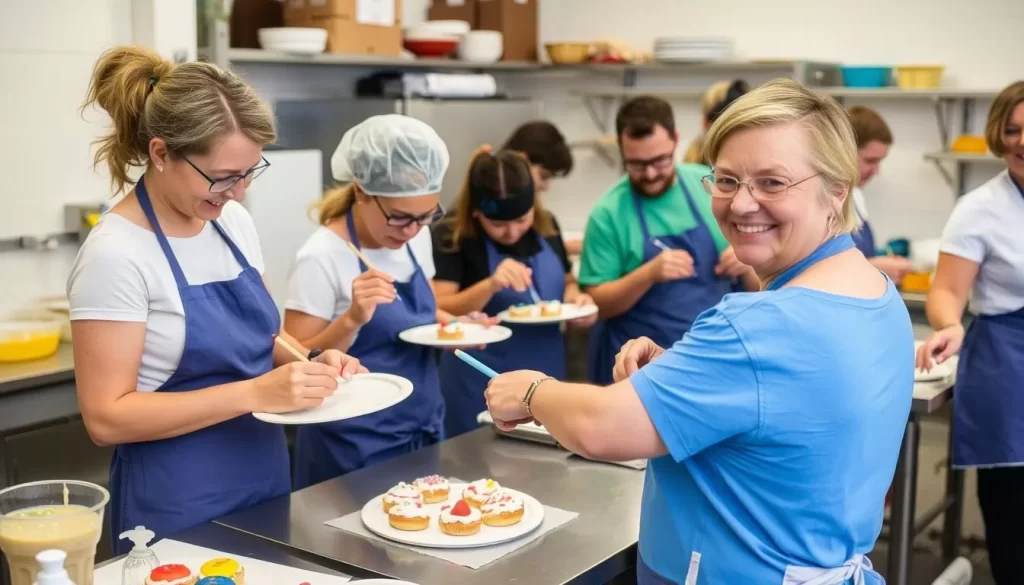 Image of a baking class in action, with participants decorating their baked goods.