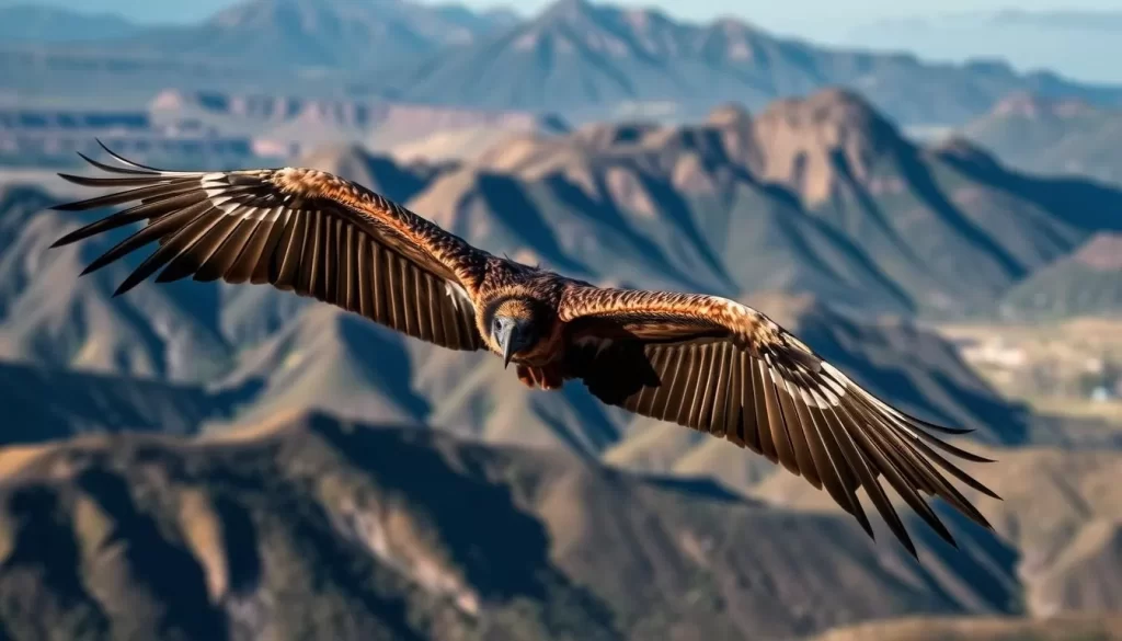 Image of a bearded vulture in flight over the Drakensberg mountains
