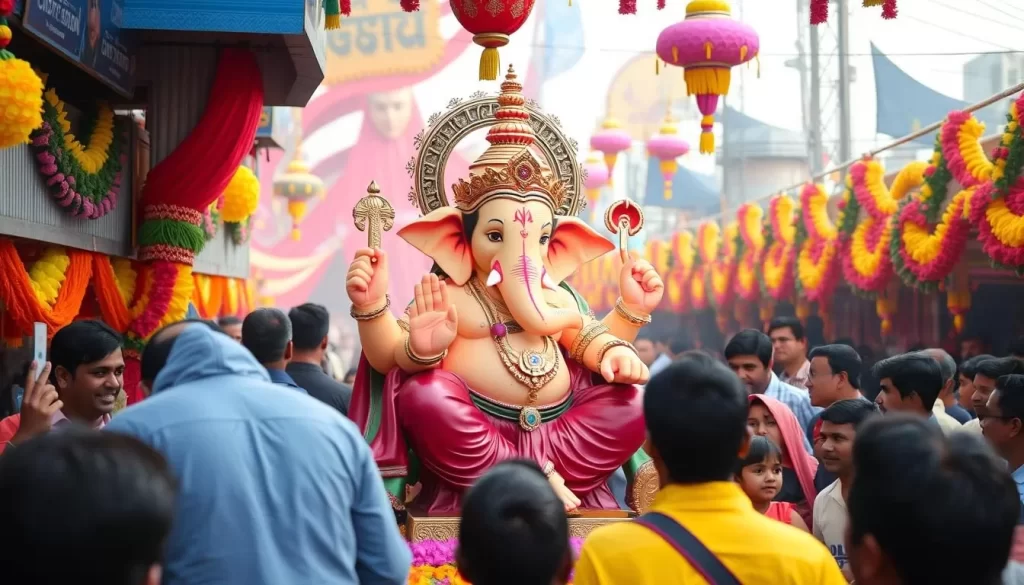 Image of a beautifully decorated Ganesh idol in a Mumbai pandal