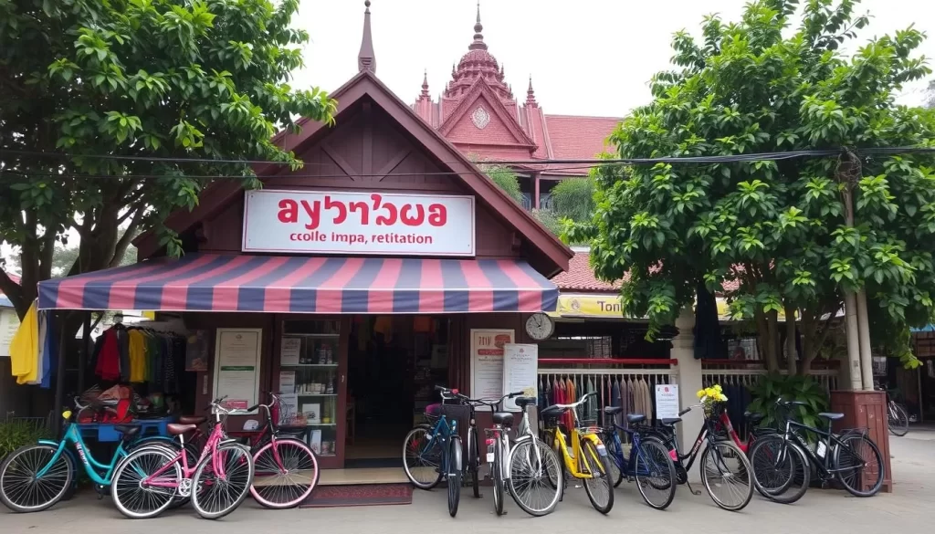Image of a bicycle rental shop near Ayutthaya train station