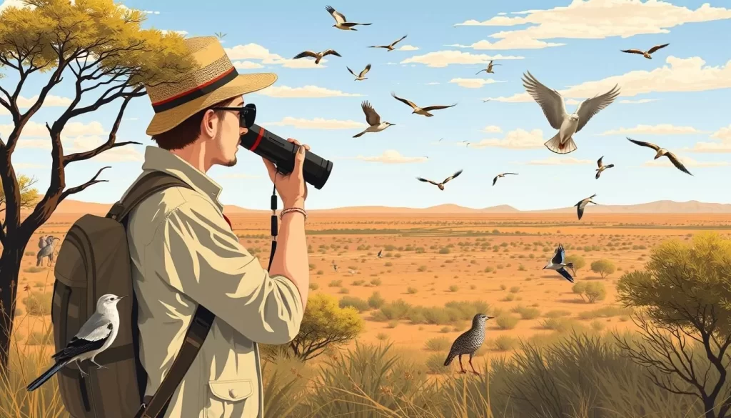 Image of a bird watcher observing a variety of bird species in the Kgalagadi Transfrontier Park