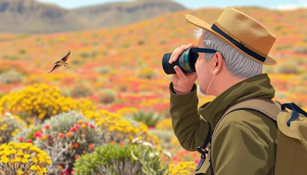 Image of a bird watcher spotting a rare species in the fynbos area of Agulhas National Park