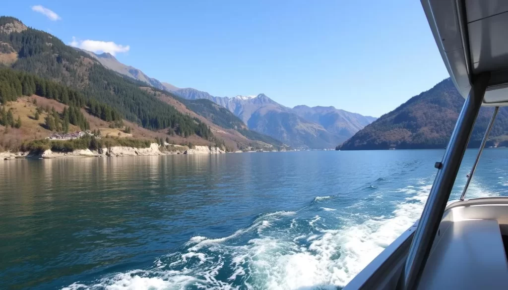 Image of a boat cruise on Worthersee with the surrounding mountains in the background