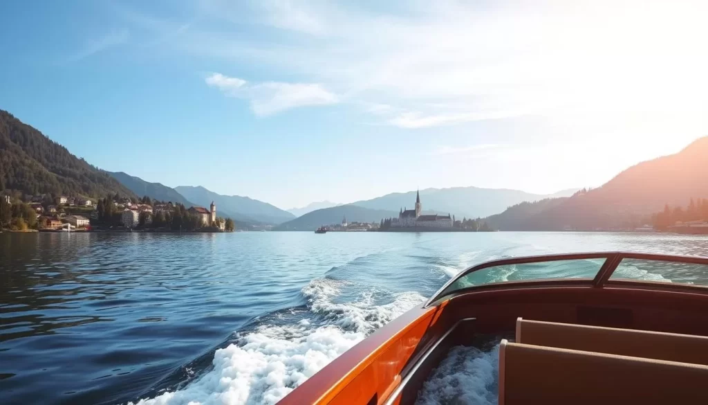 Image of a boat cruising on Wolfgangsee with Sankt Gilgen and Sankt Wolfgang in the background