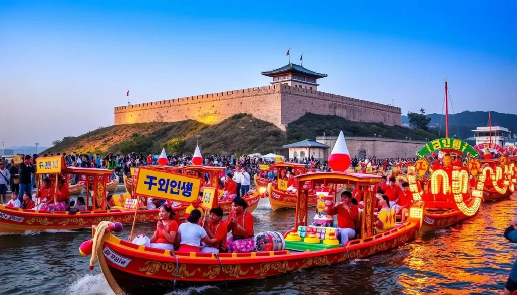 Image of a boat parade or boating activity during the Hwaseong Boating Festival on Hwaseong Fortress tour