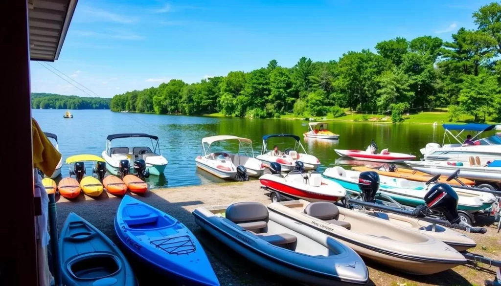 Image of a boat rental service on Pickwick Lake with various boats available for rent.