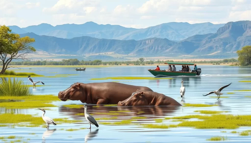 Image of a boat safari on Lake Naivasha with hippos and birds in the foreground and the Great Rift Valley landscape in the background.