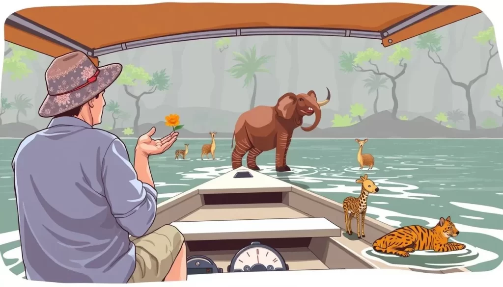 Image of a boat tour in Similajau National Park, Malaysia, with a guide pointing out wildlife.