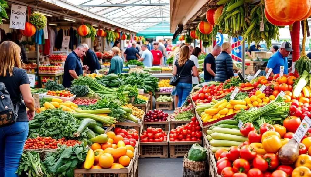 Image of a bustling farmers market with fresh produce on display