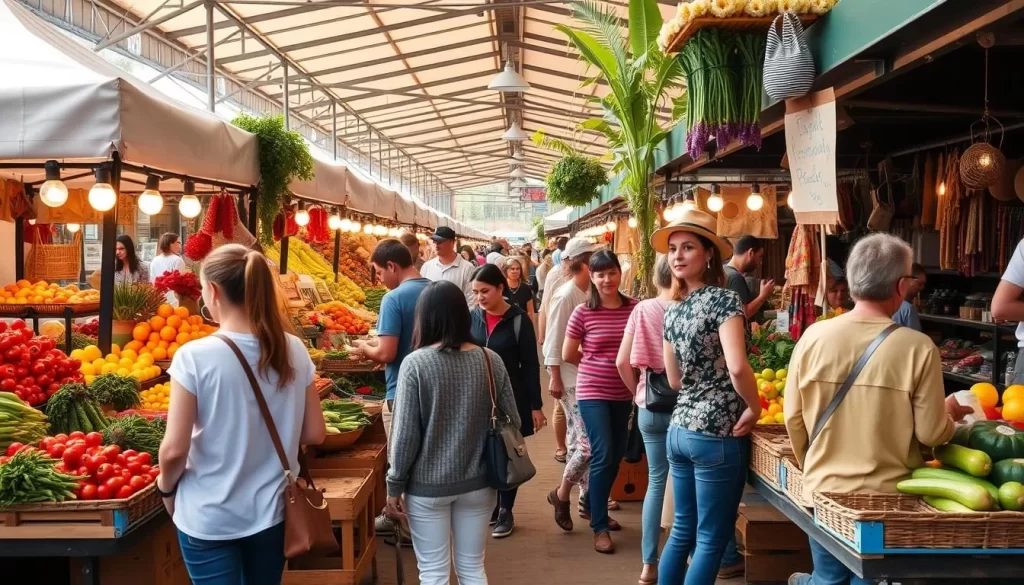 Image of a bustling farmers market with local produce and artisanal goods