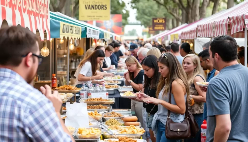 Image of a bustling food festival with local vendors and attendees enjoying food.