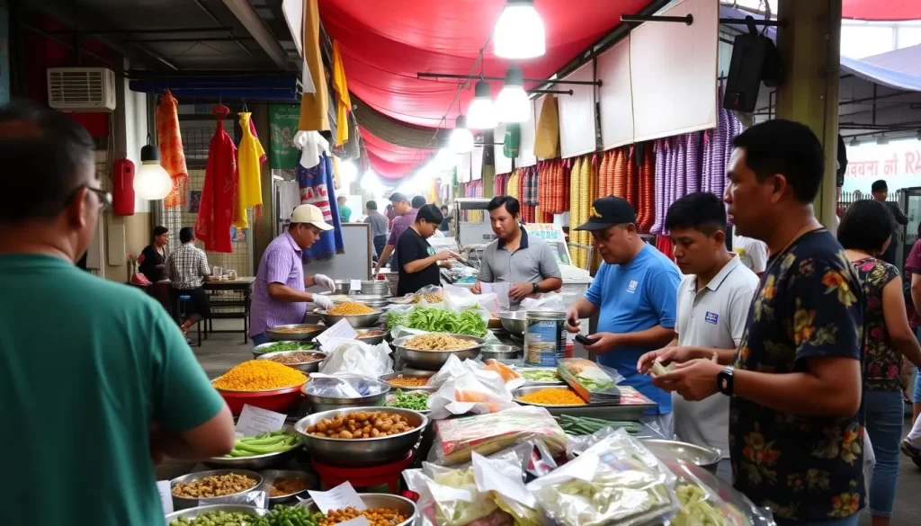 Image of a bustling food market in Tawau, showcasing a variety of local dishes.