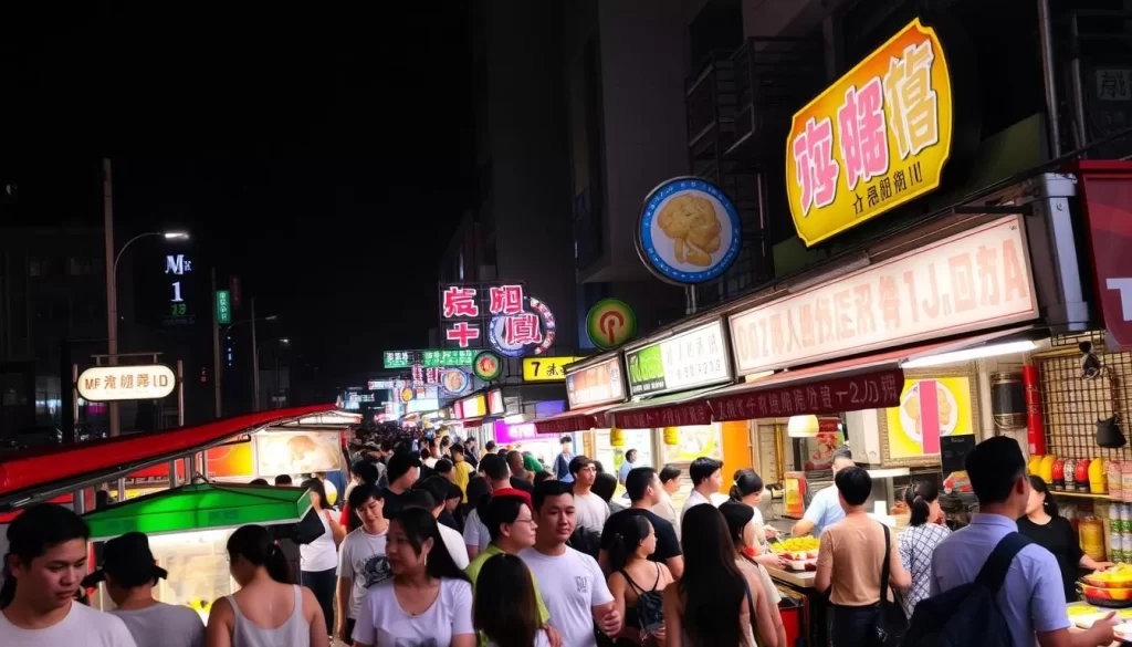Image of a bustling night market in Hsinchu County with various food stalls and happy attendees.
