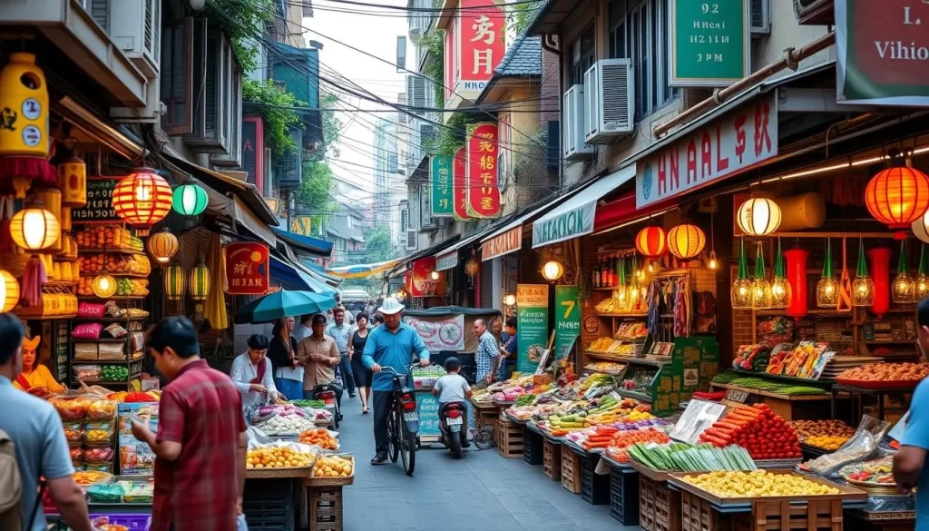 Image of a bustling street in Hanoi's Old Quarter with various vendors selling traditional goods.