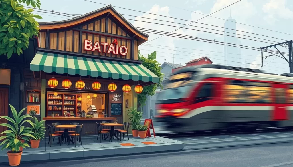 Image of a cafe on Hanoi Train Street with a train passing by