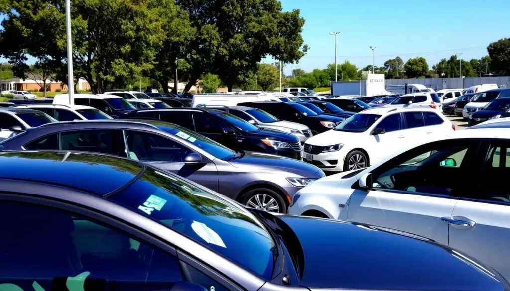 Image of a car rental lot with various cars
