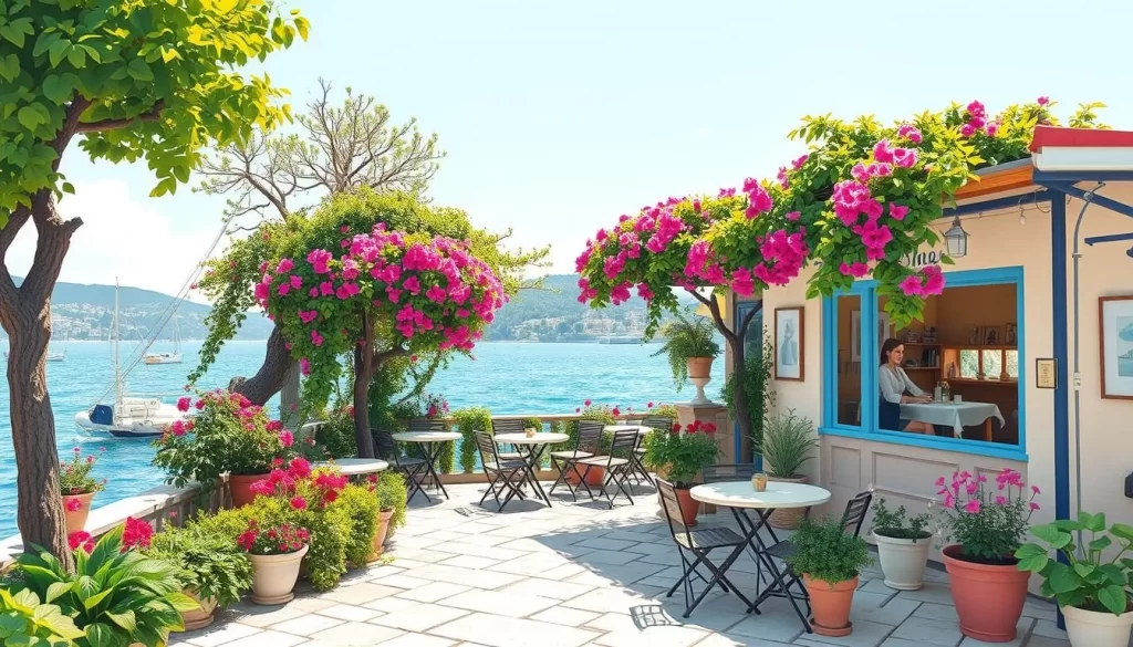 Image of a charming cafe on Heybeliada Island with outdoor seating