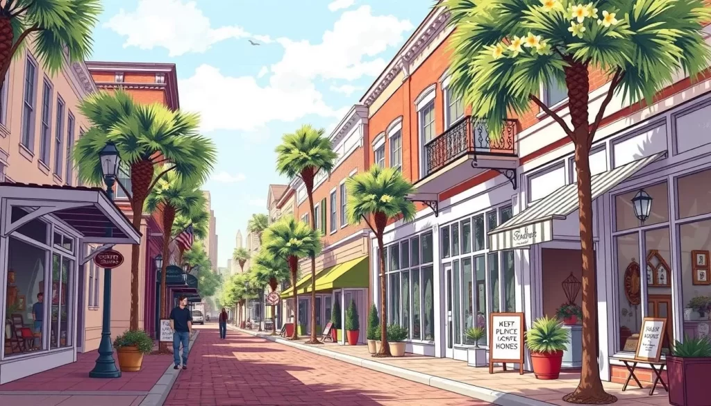 Image of a charming downtown Fairhope street lined with unique boutiques and shops