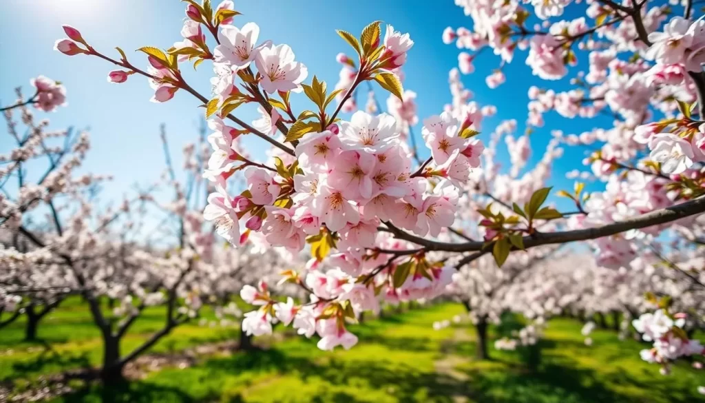 Image of a cherry orchard in Door County during cherry blossom season