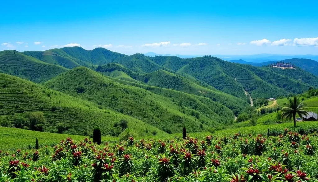 Image of a coffee farm in Gukeng with rolling hills and coffee plants