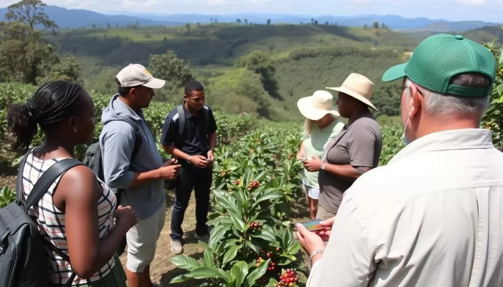 Image of a coffee plantation tour in Moshi, Tanzania, with tourists learning about coffee production.