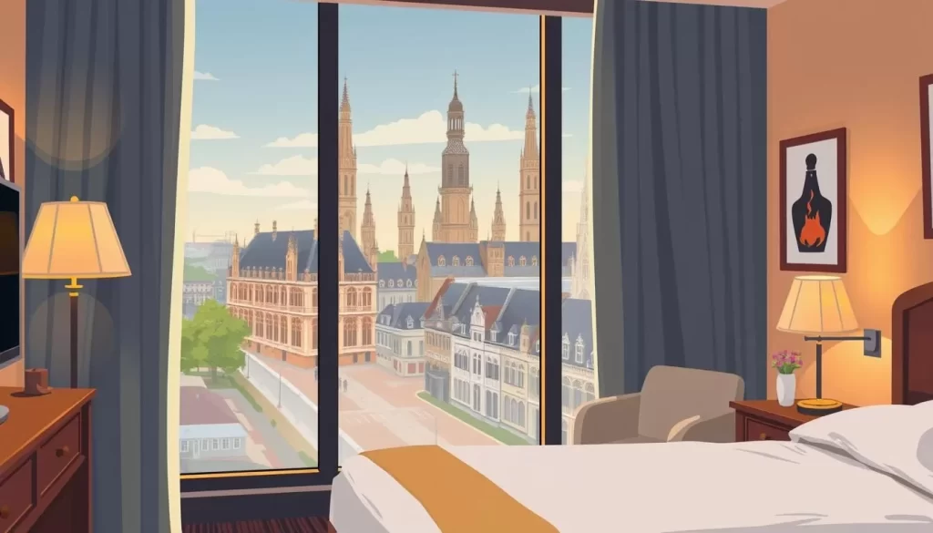 Image of a cozy hotel room in Ghent with a view of the medieval towers.