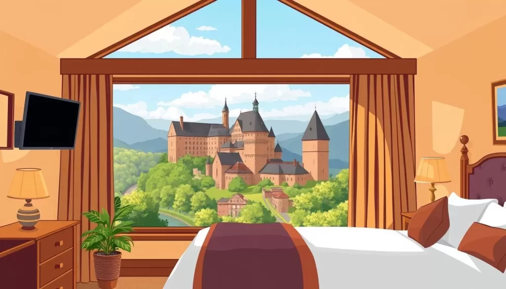 Image of a cozy hotel room in Vianden with a view of the castle