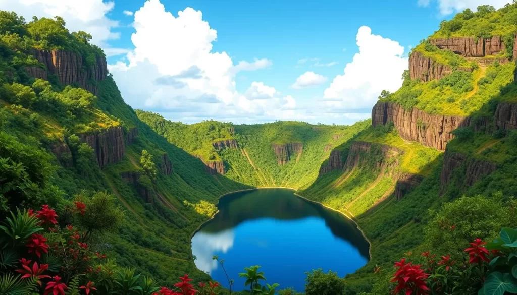 Image of a crater lake around Tukuyu with lush vegetation and steep crater walls