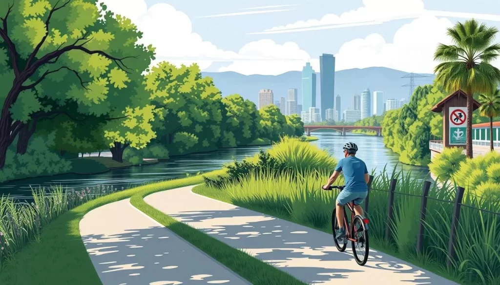 Image of a cyclist riding along the Los Angeles River bicycle path