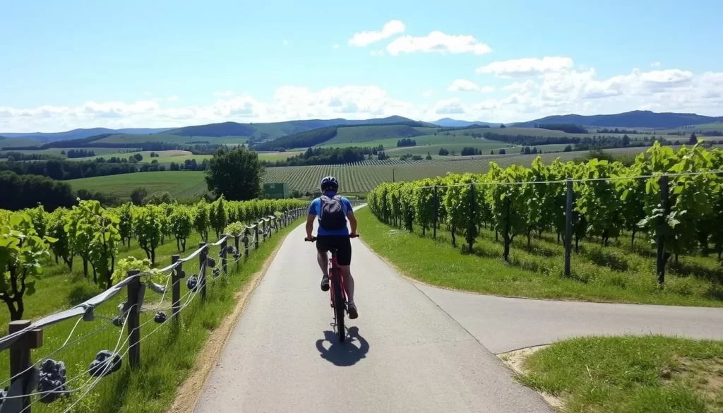 Image of a cyclist riding along the Moselle Bike Path with vineyards in the background