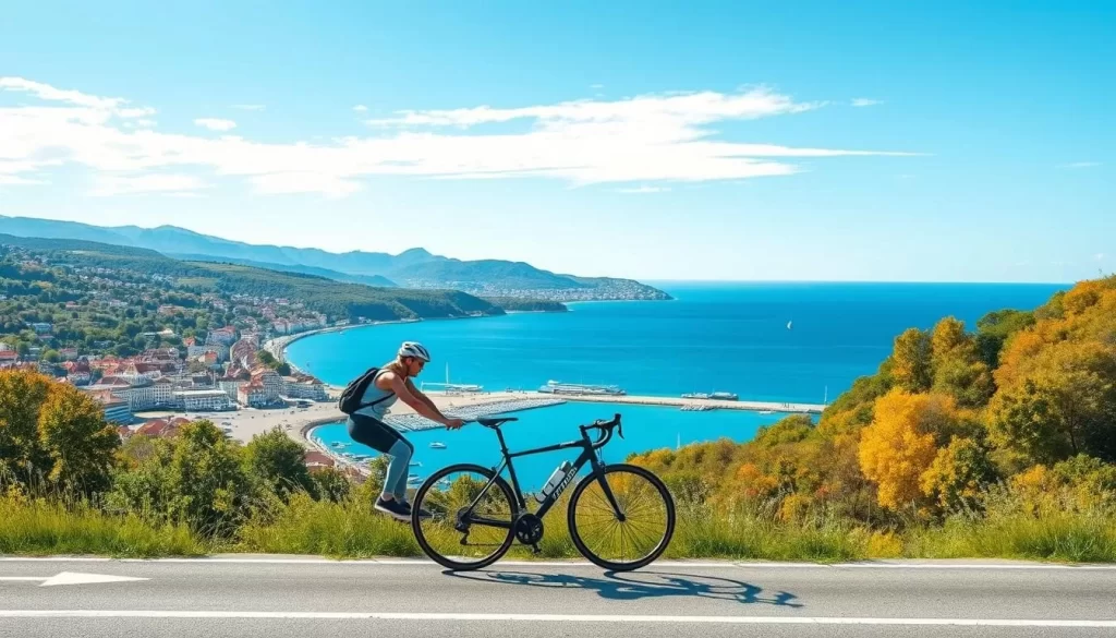 Image of a cyclist riding along the Sopot coastline