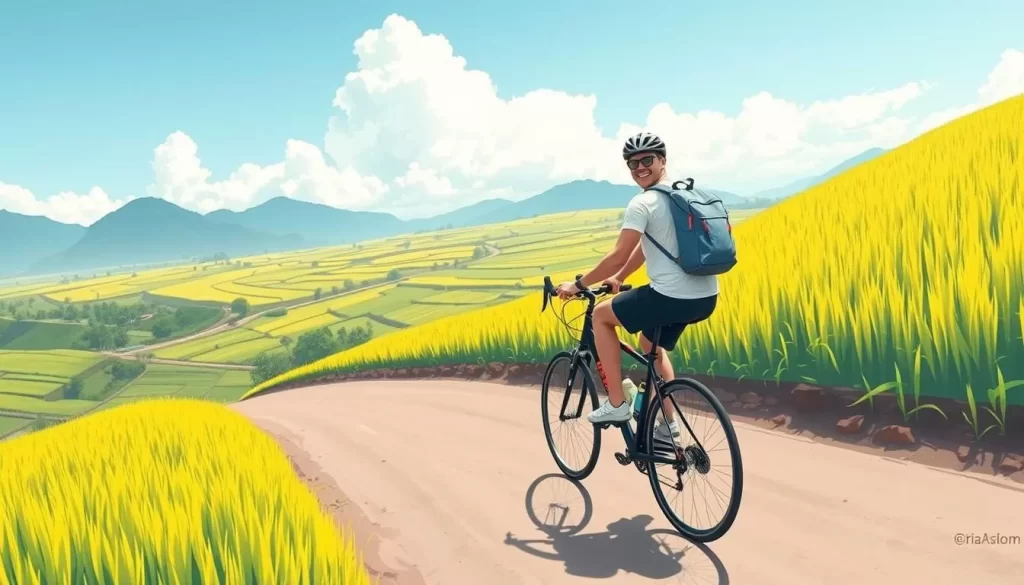 Image of a cyclist riding through the picturesque rice paddies of Chishang