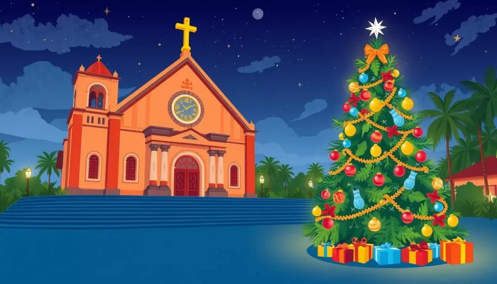 Image of a decorated Christmas tree in front of a church in Sri Lanka
