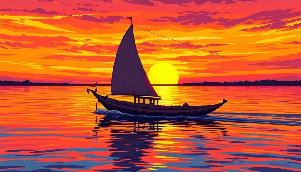 Image of a dhow sailing through Mida Creek at sunset