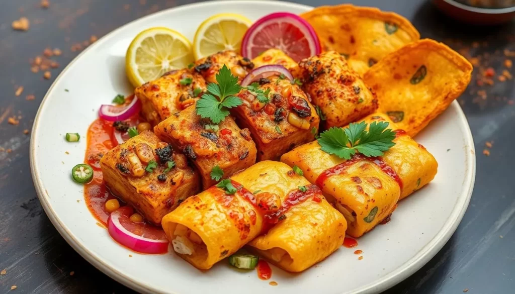 Image of a dish showcasing the fusion of Goan and Gujarati flavors, such as "Papri" or "jetty roll"