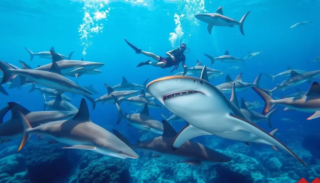 Image of a diver surrounded by hammerhead sharks at Layang Layang Island