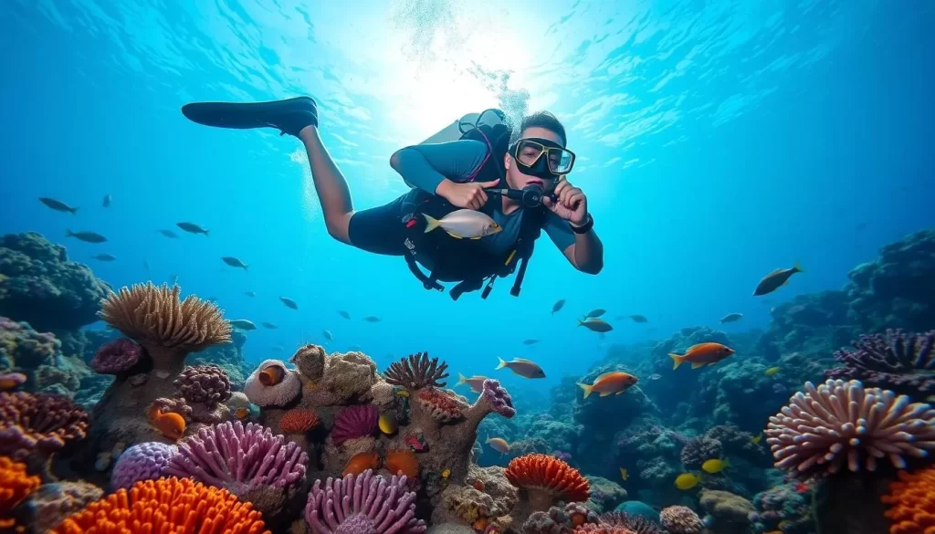Image of a diver surrounded by vibrant coral reefs and marine life in Pom Pom Island