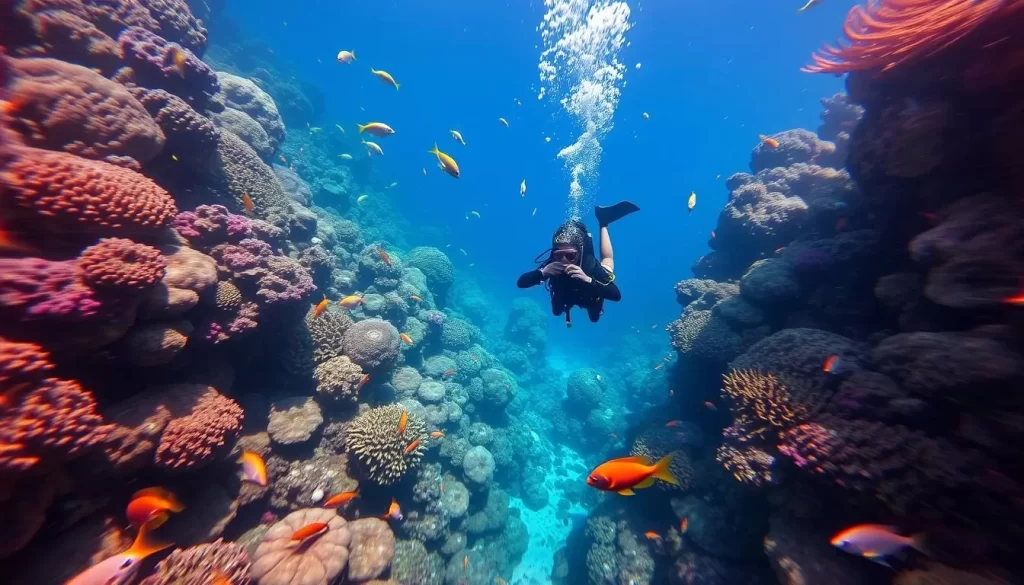 Image of a diver surrounded by vibrant marine life in Kota Kinabalu